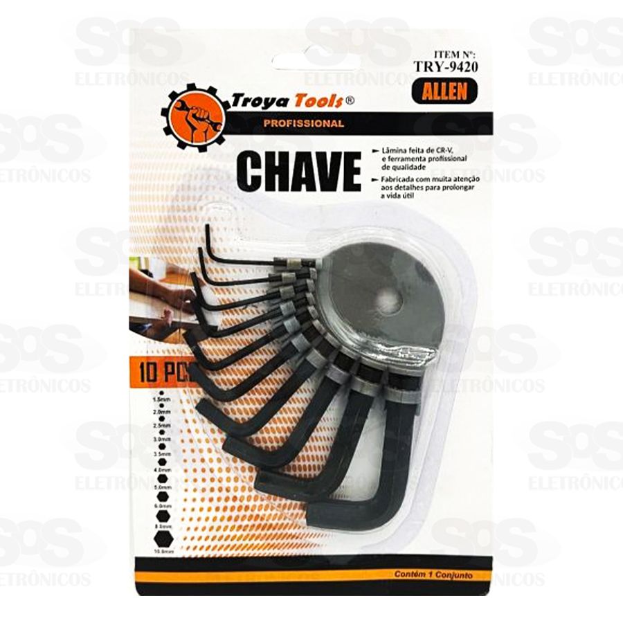 Kit Chave Allen 1,5 a 10mm com 10 Peas Troya Tools TRY-9420