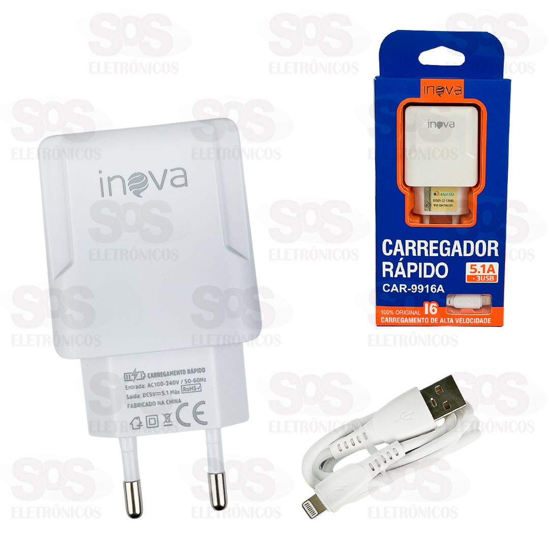 Carregador Rpido 3 USB 5.1A Com Cabo Iphone Inova CAR-9916A